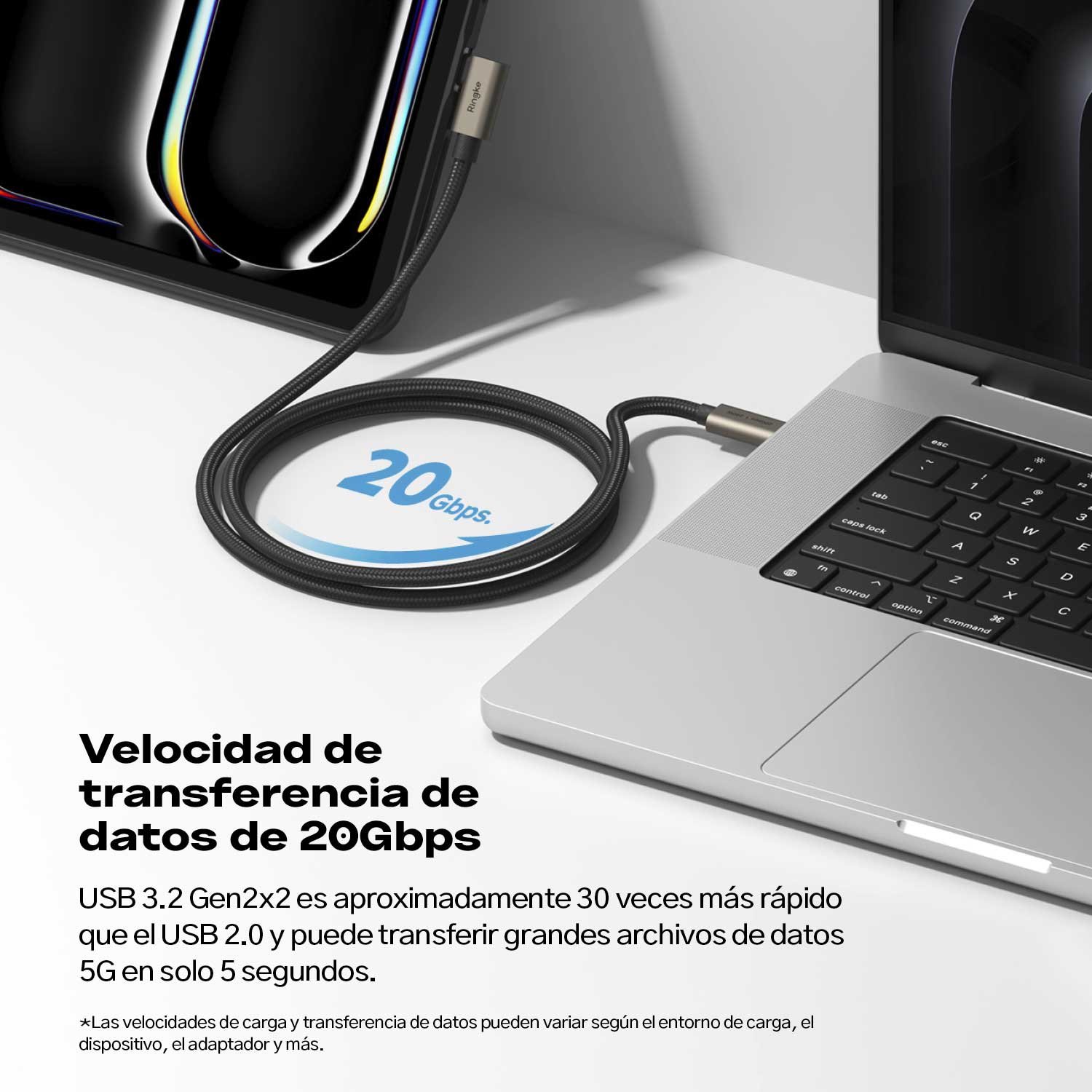 Cable Cargador Ringke 90 Grados Carga Rápida 240W Tipo C a C (3.2 Gen 2x2) - 2 Metros