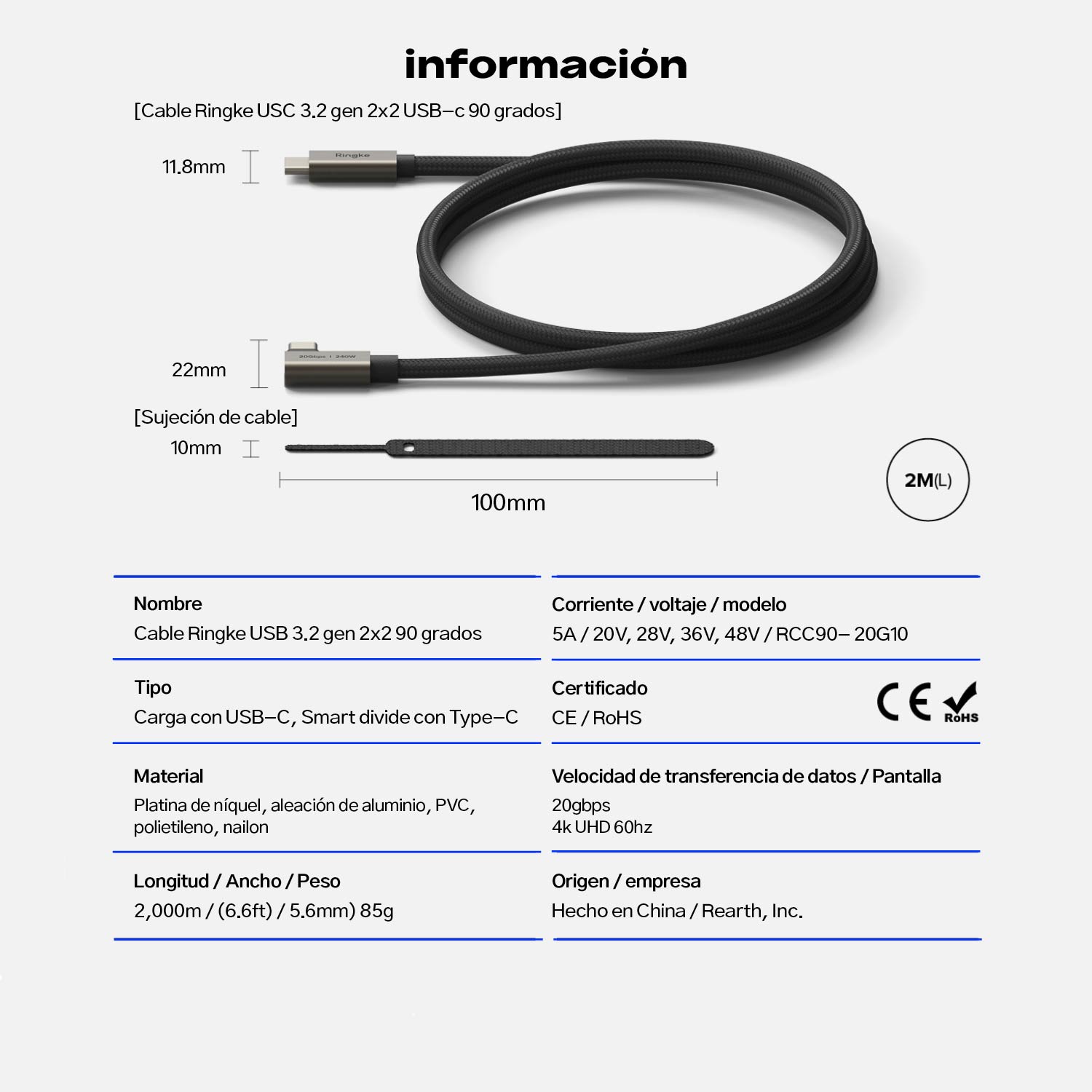 Cable Cargador Ringke 90 Grados Carga Rápida 240W Tipo C a C (3.2 Gen 2x2) - 2 Metros
